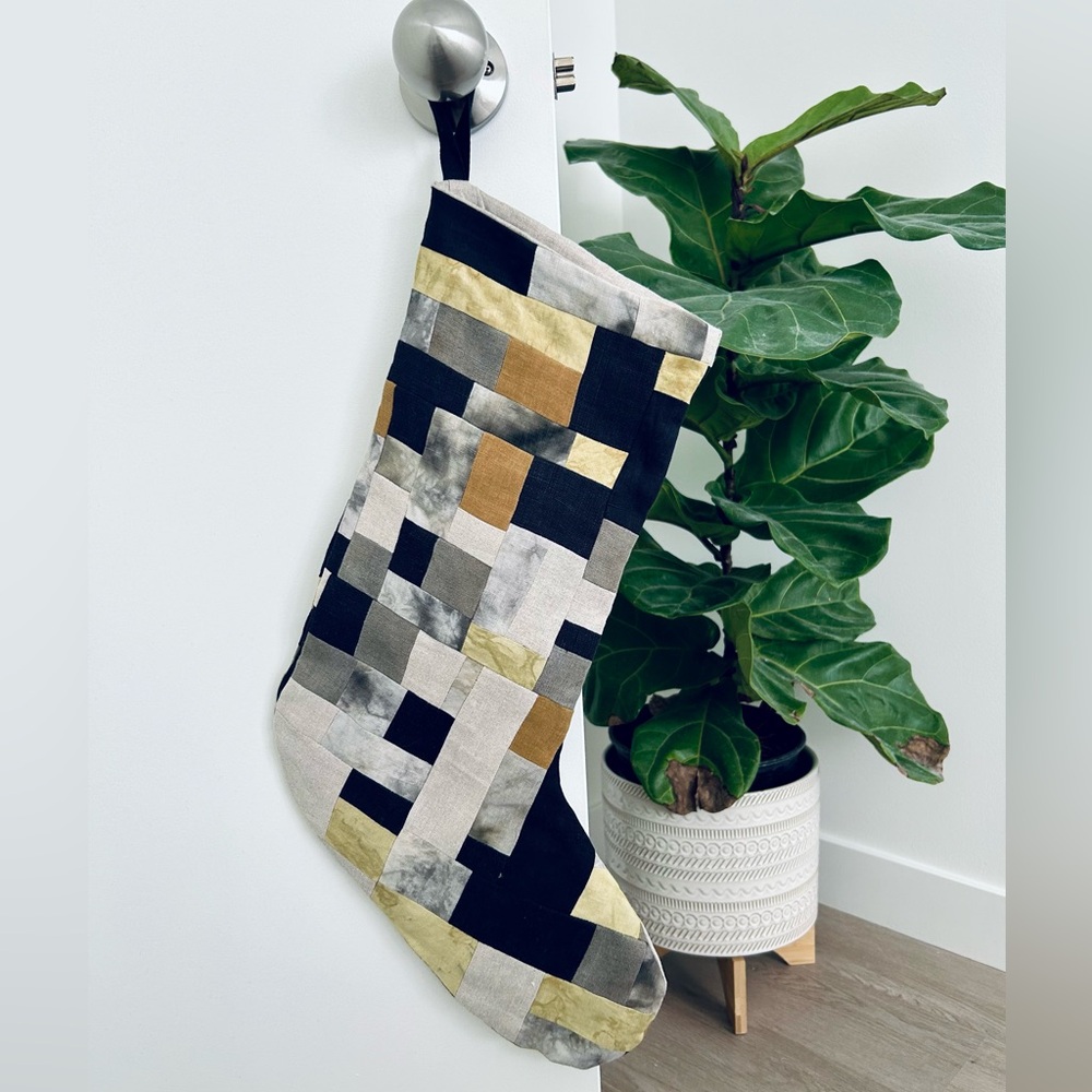 Linen Quilted Christmas Stocking Lined Quilt patchwork Natural Dye
